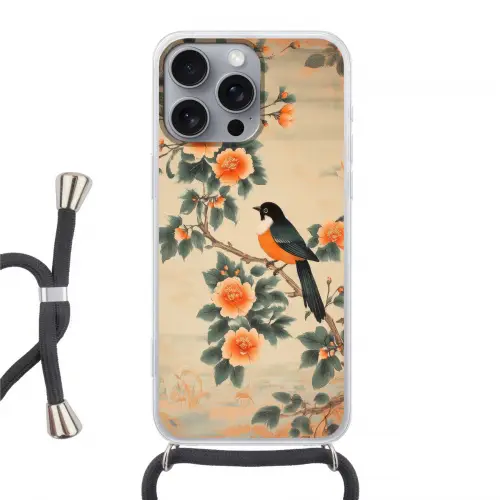 Vogel - Tak - Bloemen - Oranje Hoesje iPhone 16 Pro Max met koord klein -3d