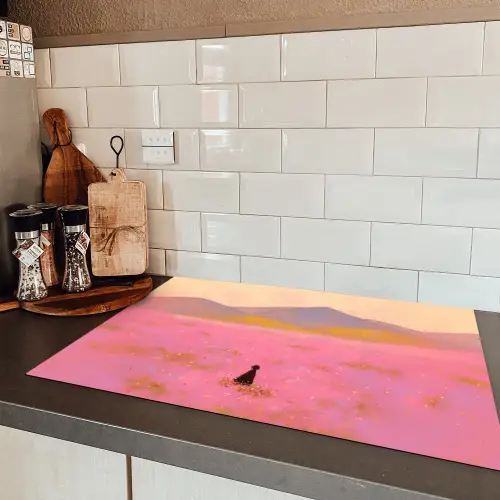 Bloemenweide - Heuvels - Silhouet - Roze Inductie beschermer vinyl 3mm klein -sfeer3
