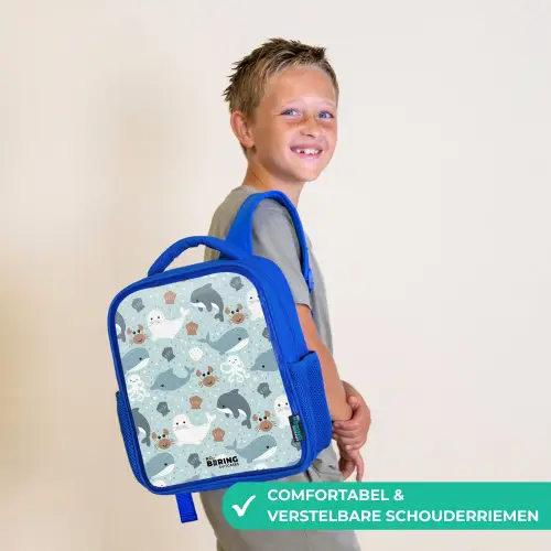 Zeedierenpatroon met dolfijnen, zeehonden en krabben Kinderrugzak - Blauw middel -sfeer3_NL