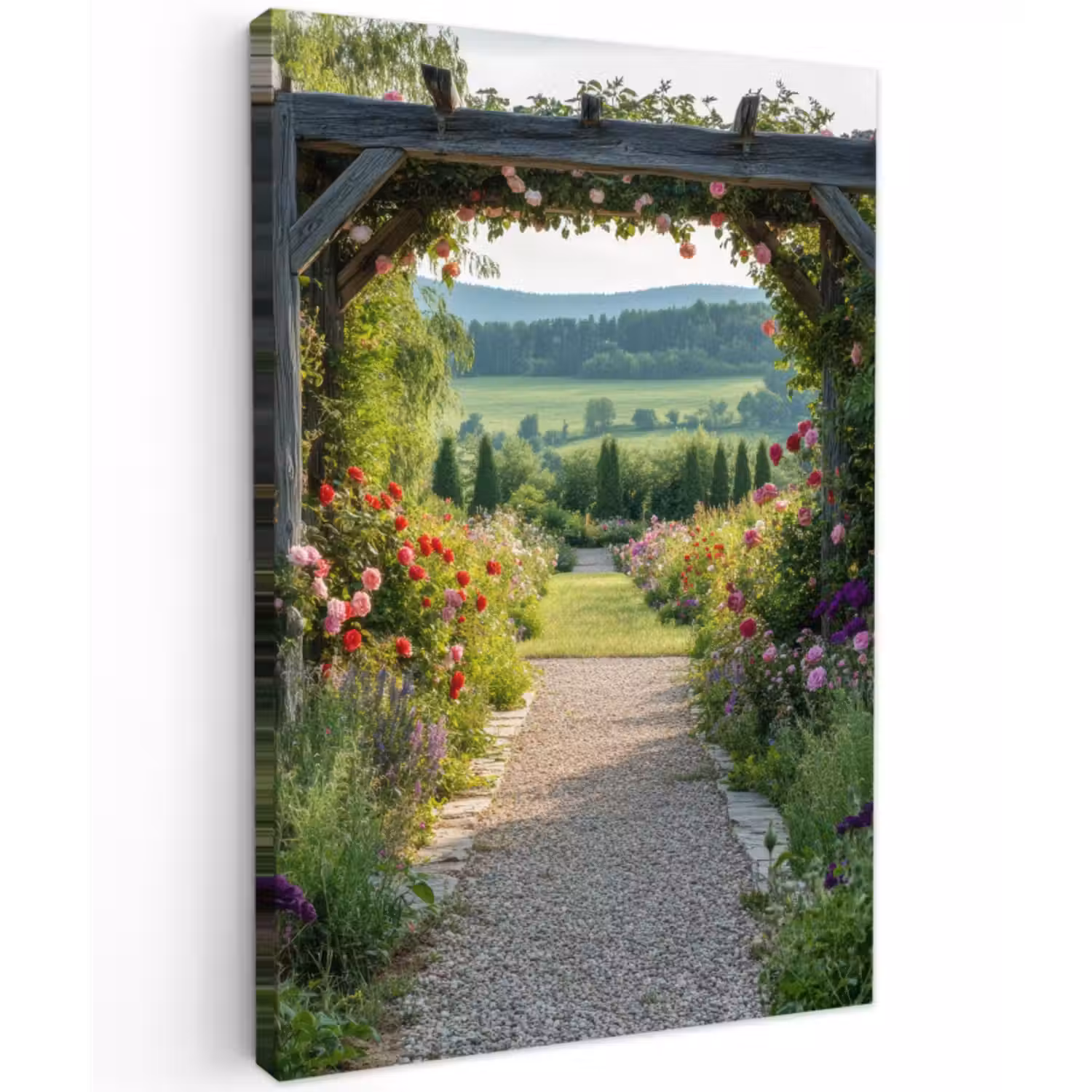 Outdoor Leinwand - Ausblick - Landschaft - Natur - Gartenbogen - Blumen