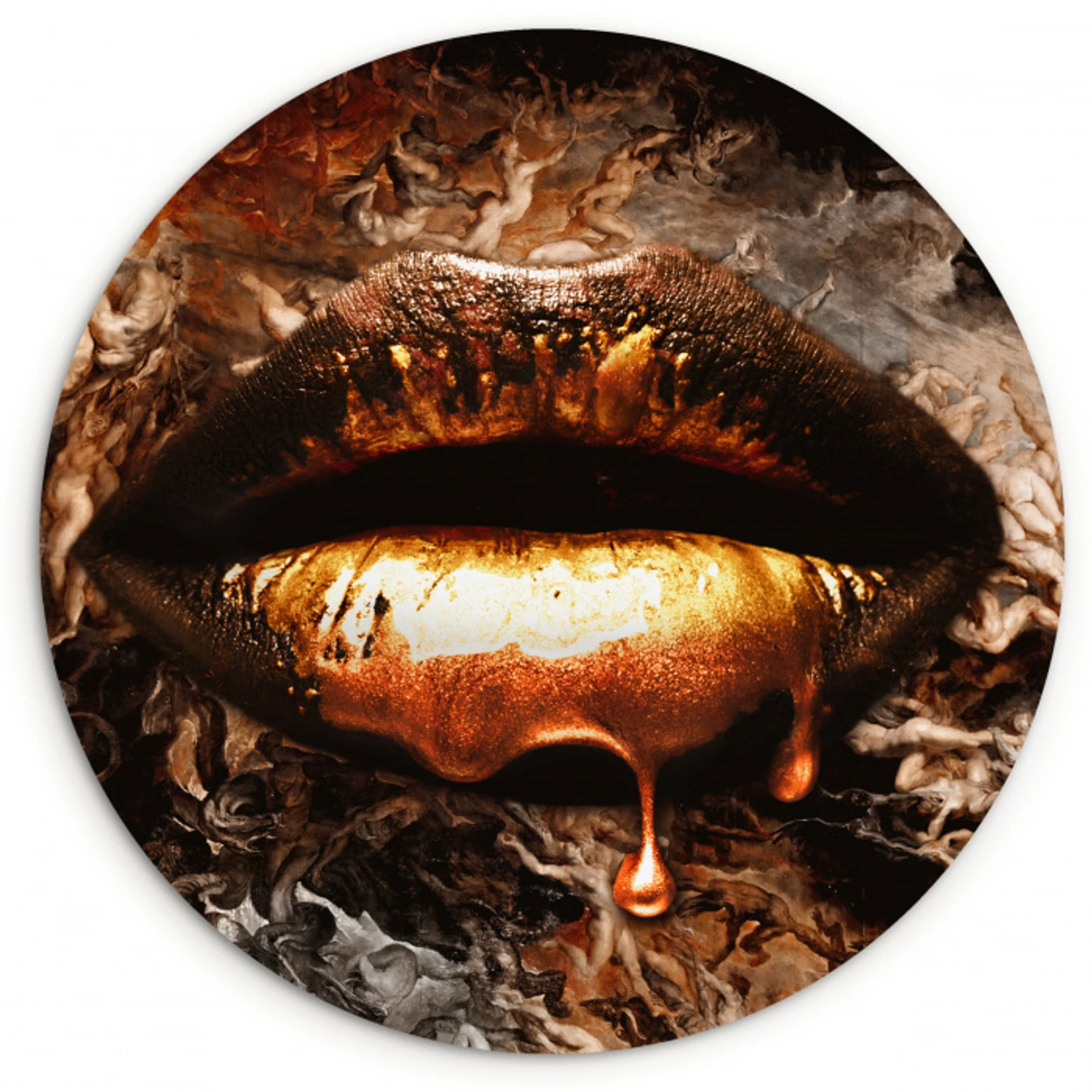 Goud - Lippen - Kunst - Goud - Luxe - Abstract Wandcirkel kunststof plaat 5mm dik klein -3d