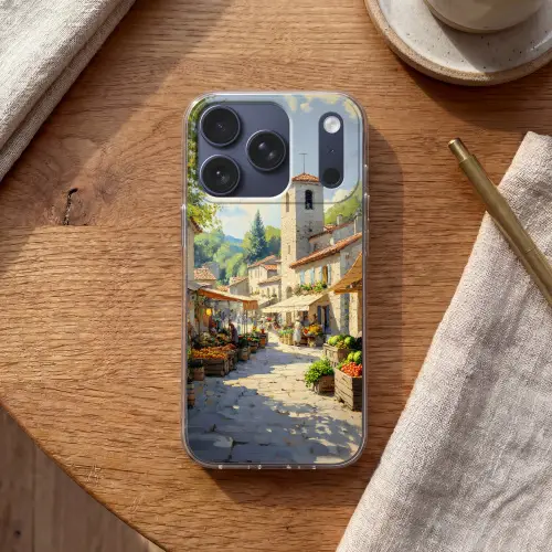 Dorp - Zon - Kraampjes - Huizen Telefoonhoesje iPhone 17 Pro klein -sfeer1