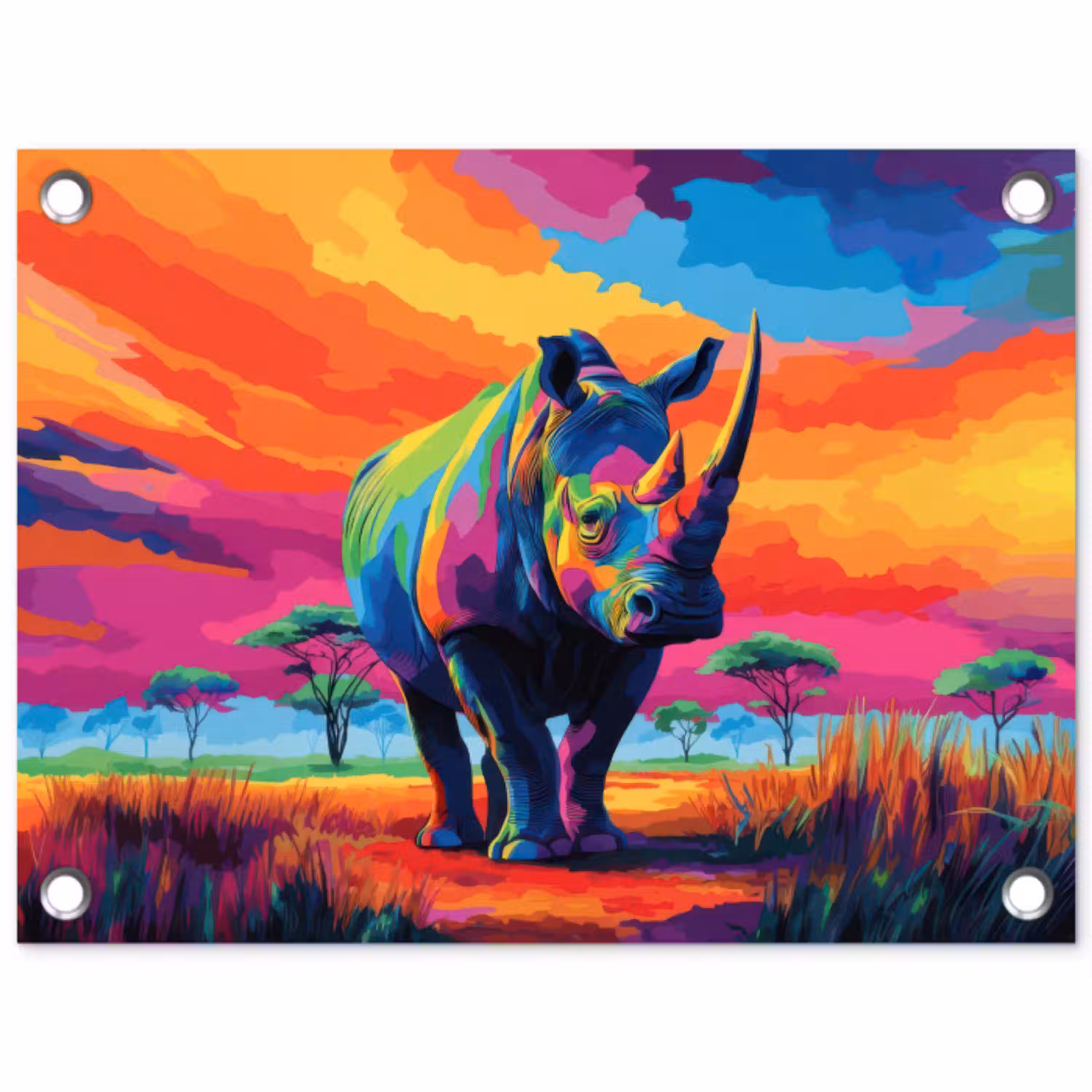 Neushoorn - Zonsondergang - Savanna - Kleurrijk tuinposter los doek klein -3d