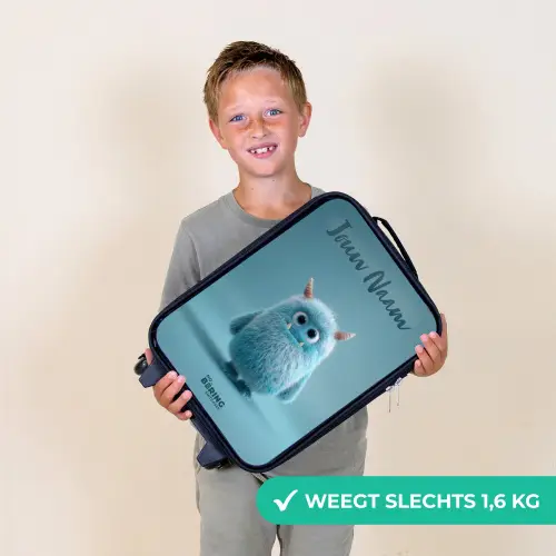 Blauw pluizig monster met hoorns Kinderkoffer - Zwart klein -sfeer4_NL