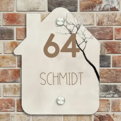 Boomsilhouet beige achtergrond - Modern Naambord Huisje klein -sfeer6