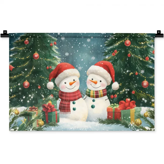 Sneeuwpop - Kerstsneeuw - Groen - Rood Wandkleed katoen klein -zz3d