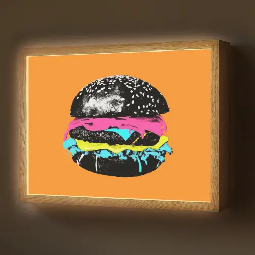 Hamburger - Oranje - Neon - popart Light Box met batterij (Wandlamp) middel -z3d_website