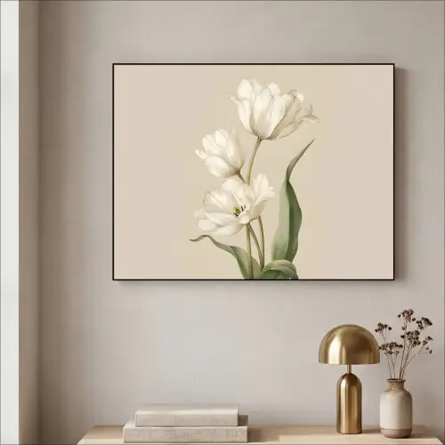 Tulpen - Wit - Bladeren Textielframe zwart klein -sfeer2
