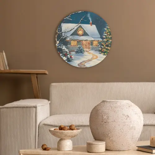Kerst - Kerstboom - Winter - Huis - Sneeuw Akoestische PET Vilt - Rond klein -sfeer1