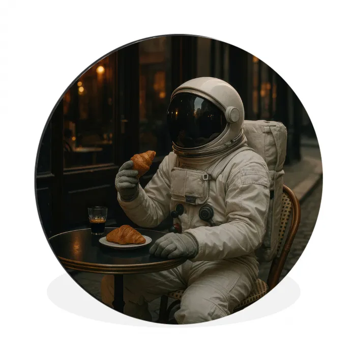 Café - Croissant - Koffie - Astronaut Wandcirkel aluminium klein -3d