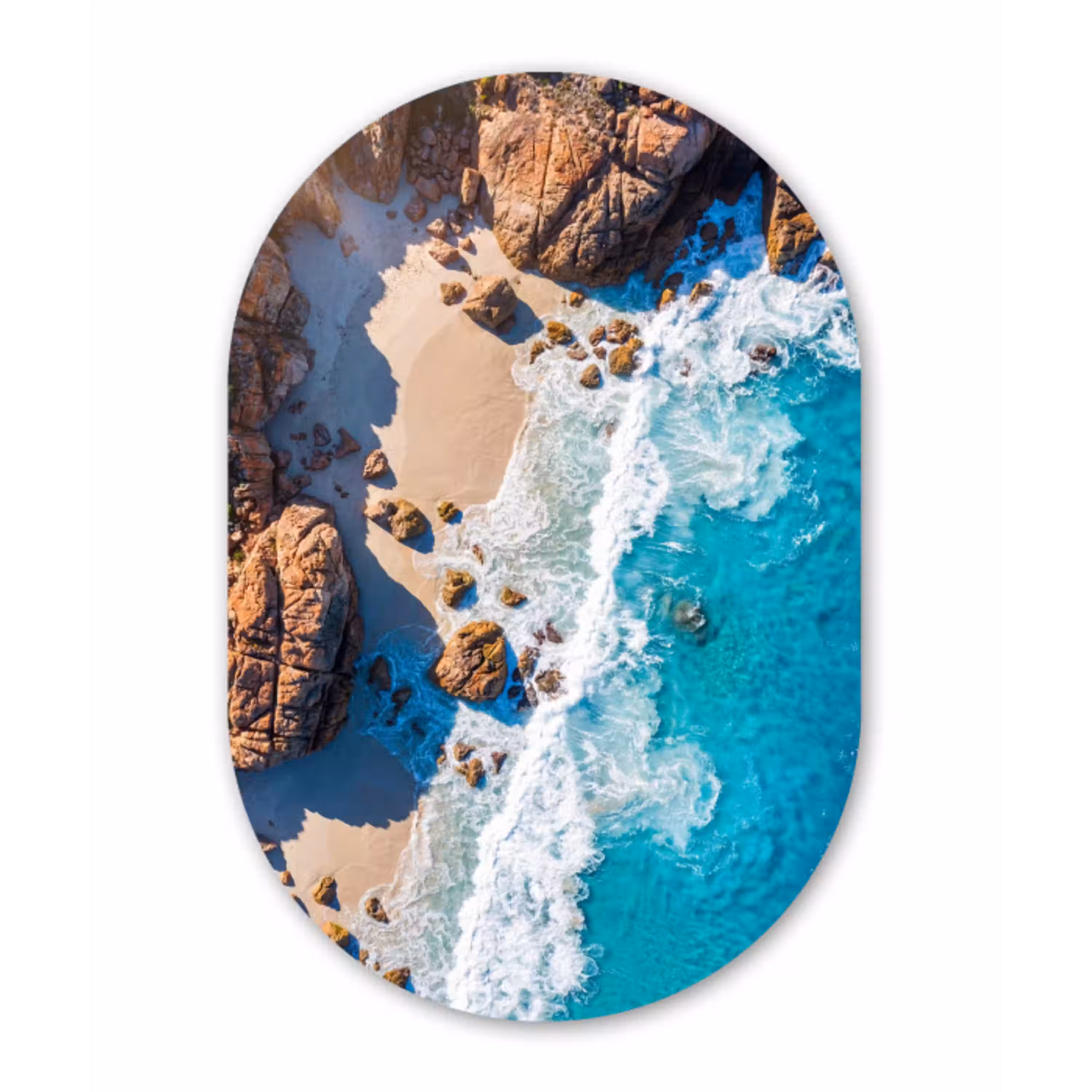 Strand - Zee - Rotsen - Natuur - Blauw Wandcirkel Ovaal Aluminium middel -3d
