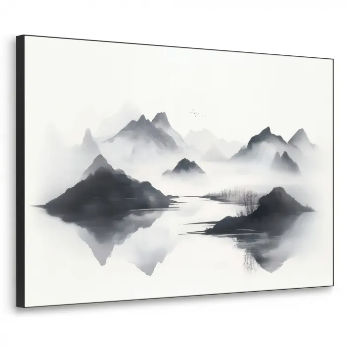 Bergen - Mistig - Water - Wit Textielframe - compleet frame klein -3d