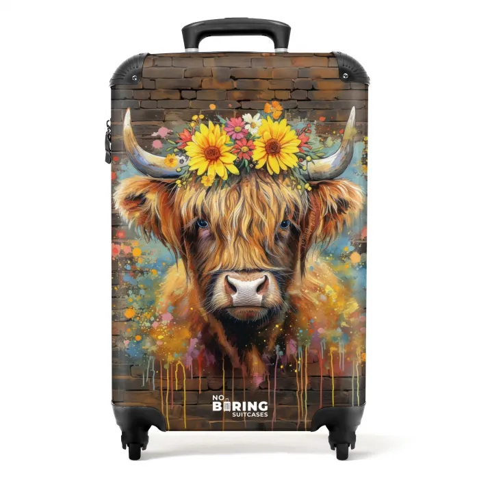 Graffiti schotse hooglander met bloemen NBS - Handbagage koffer - Unisex middel -productfoto_recht