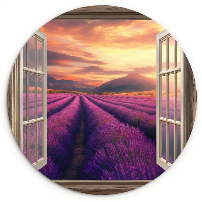 Doorkijk - Lavendel - Landschap - Bloemen - Paars Wandcirkel kunststof plaat 5mm dik klein -3d