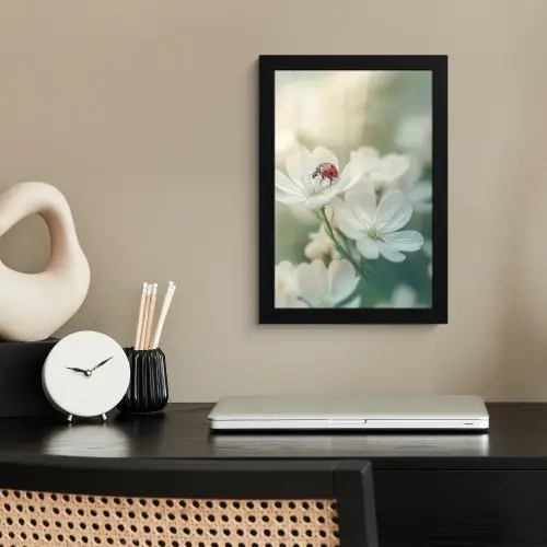 Lieveheersbeestje - Bloemen - Wit fotolijst zwart zonder passe partout klein -sfeer1