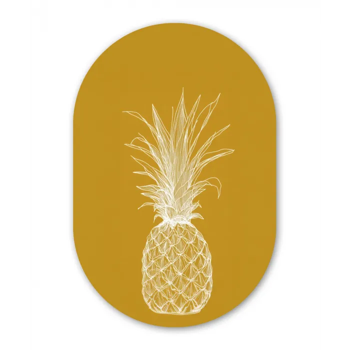 Lijnillustratie - Ananas - Bladkroon - Okergeel Wandcirkel Ovaal Glas middel -3d