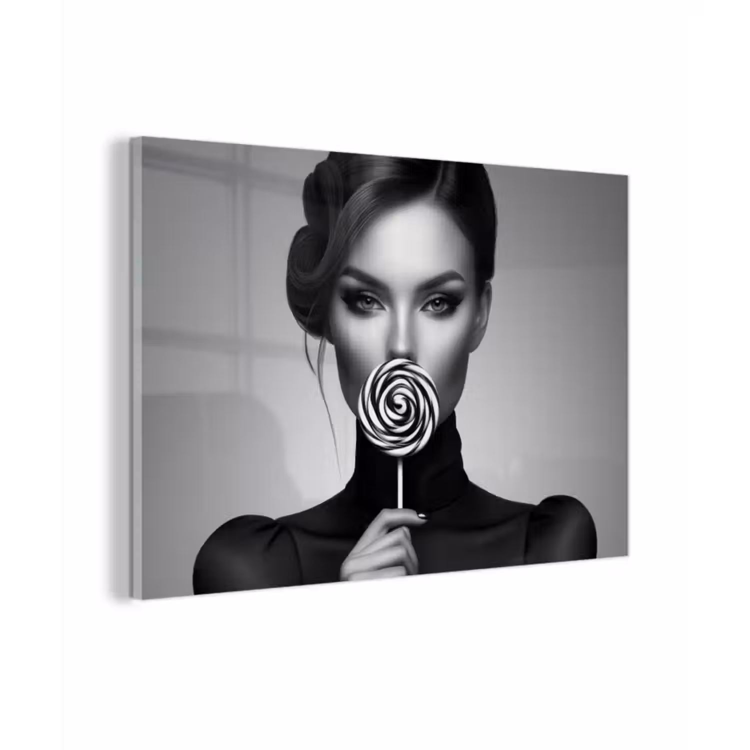 Glas schilderij - Vrouw - Lolly - Zwart