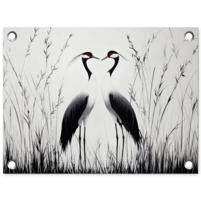 Kraanvogels - Gras - Hartvorm - Zwart tuinposter los doek klein -3d