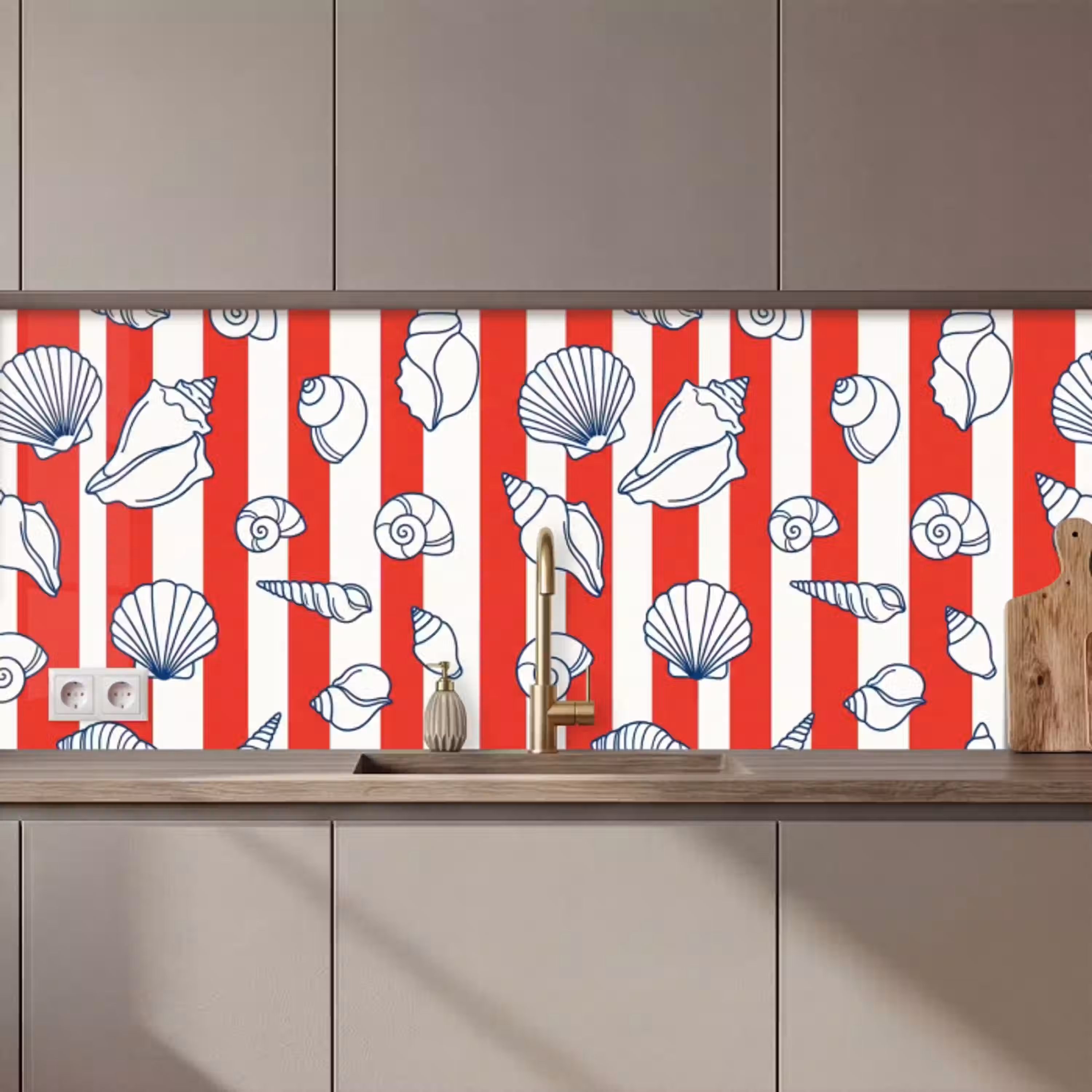 Schelp - Zeedieren - Zomer - Illustratie - Rood - Blauw keuken achterwand 2 middel zz_3dshopping
