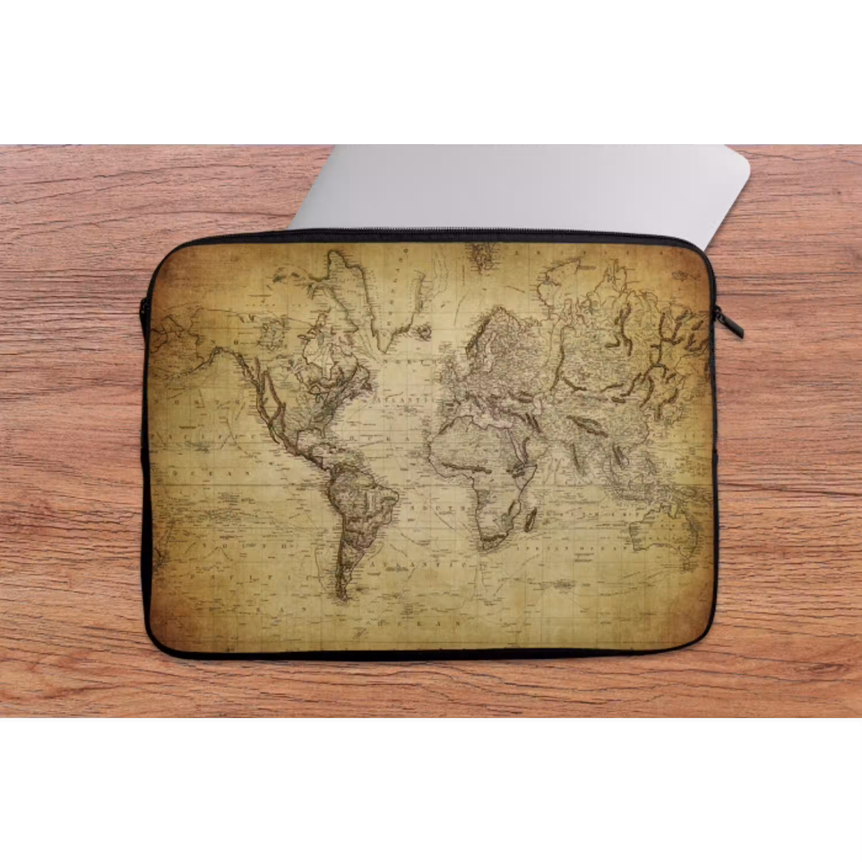 Wereldkaart - Vintage - Antiek - Bruin - Papier laptophoes neopreen klein -tafel