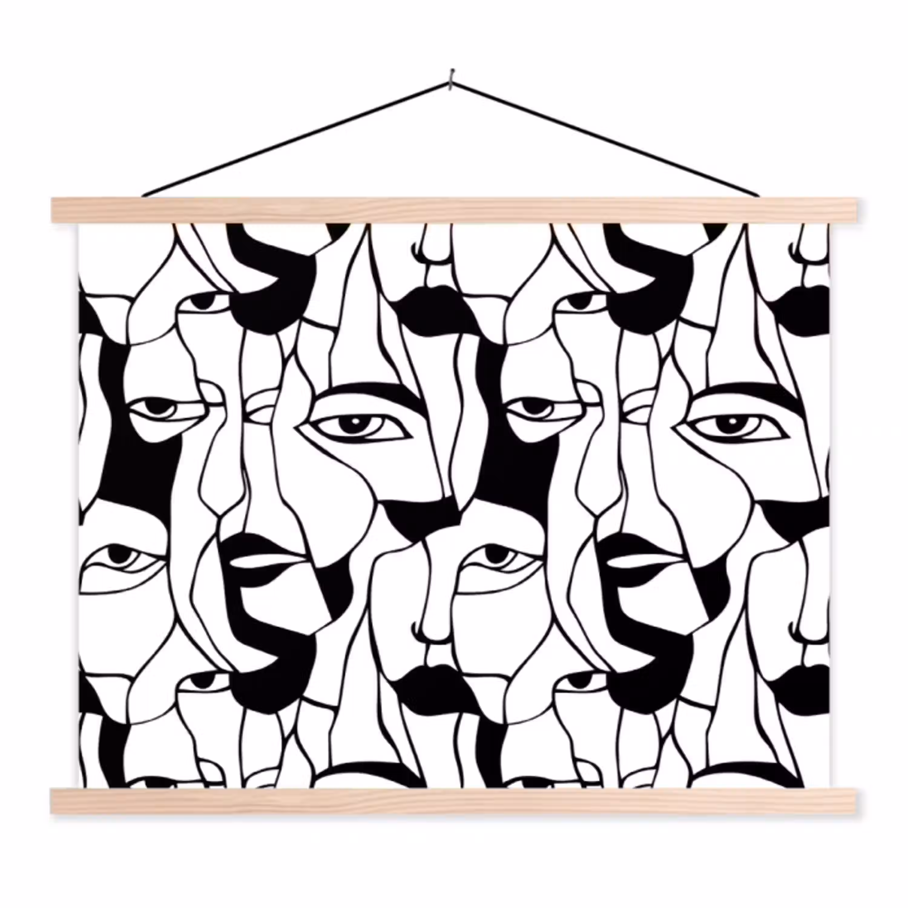 Lijnen - Gezichten - Zwart - Wit textielposter latten blank klein 122 -3d