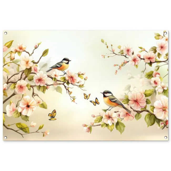Tuinposter - Takken - Bloemen - Vogeltjes - Roze