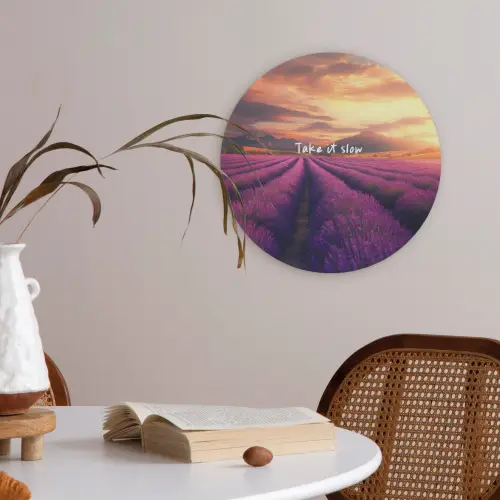 Lavendelveld - Quote - Zonsondergang Akoestische PET Vilt - Rond klein -sfeer3