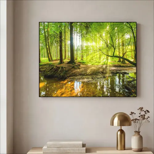 Bos - Landschap - Water - Bomen - Zon - Groen - Natuur Textielframe zwart klein -sfeer2