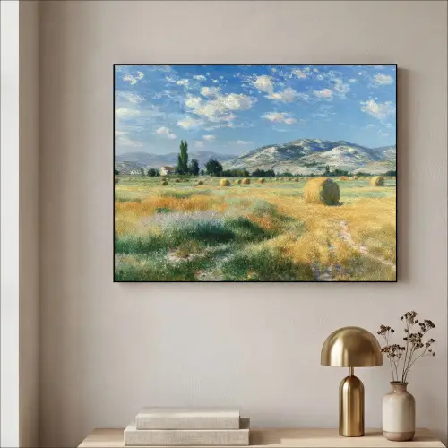 Landschap - Strobalen - Bergen - Wolken Textielframe zwart klein -sfeer2