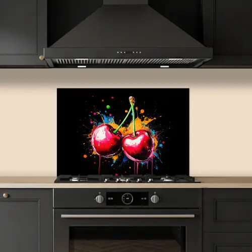 Kersen - Fruit - Graffiti - Verf - Abstract - Modern - Kleurrijk keuken achterwand spatscherm klein -sfeer1