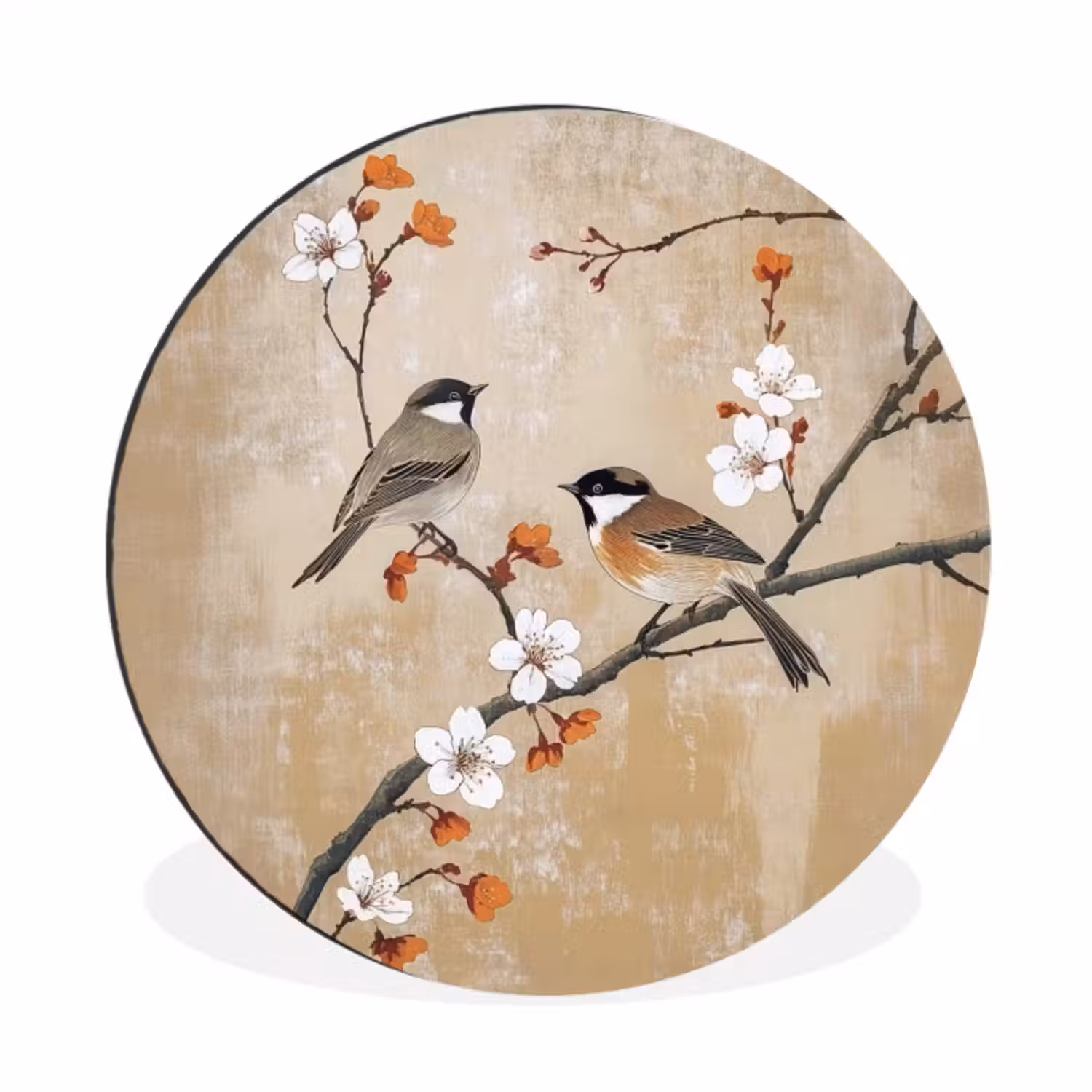 Wandcirkel - aluminium - Vogels - Bloesemtak - Bloemen - Oranje