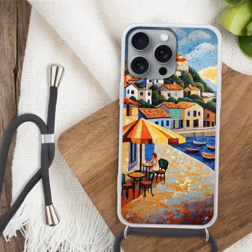 Kustdorp - Huisjes - Mozaïek - Zee Hoesje iPhone 16 Pro Max met koord klein -sfeer4