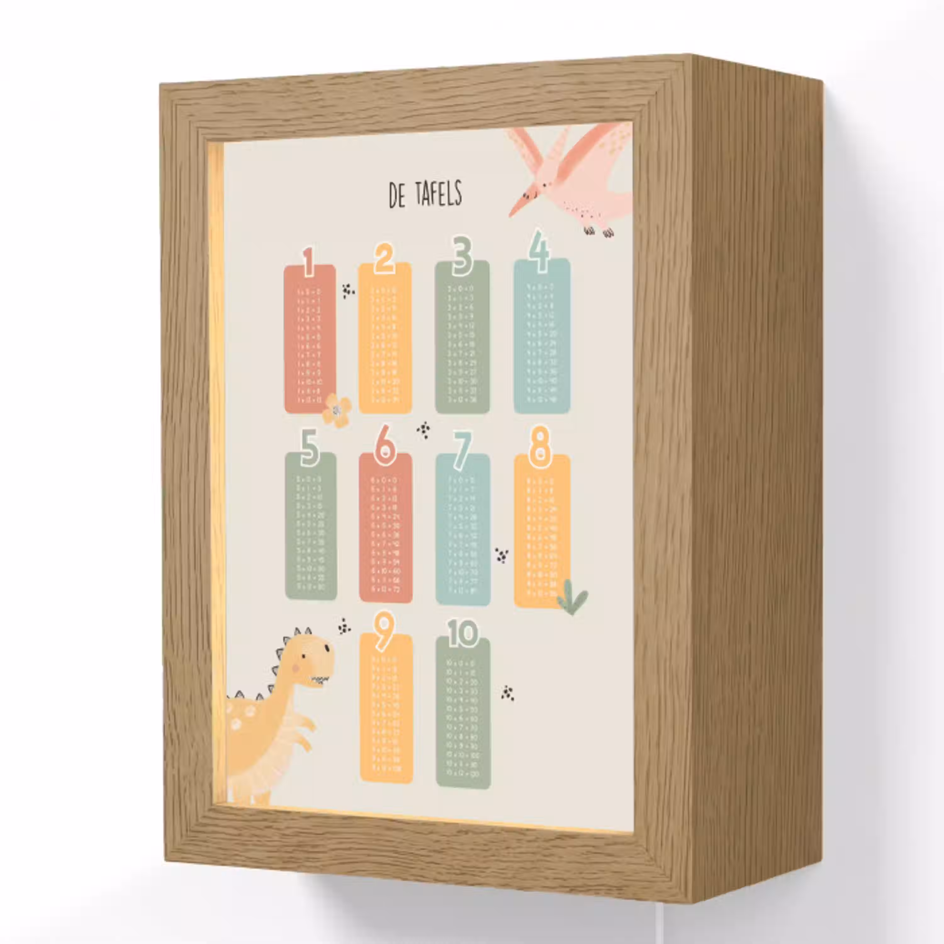 Tafels van vermenigvuldiging - Educatief - Leren rekenen voor kinderen - Cijfers oefenen - Dinosaurus Light Box met kabel (Wandlamp kind) klein -3d
