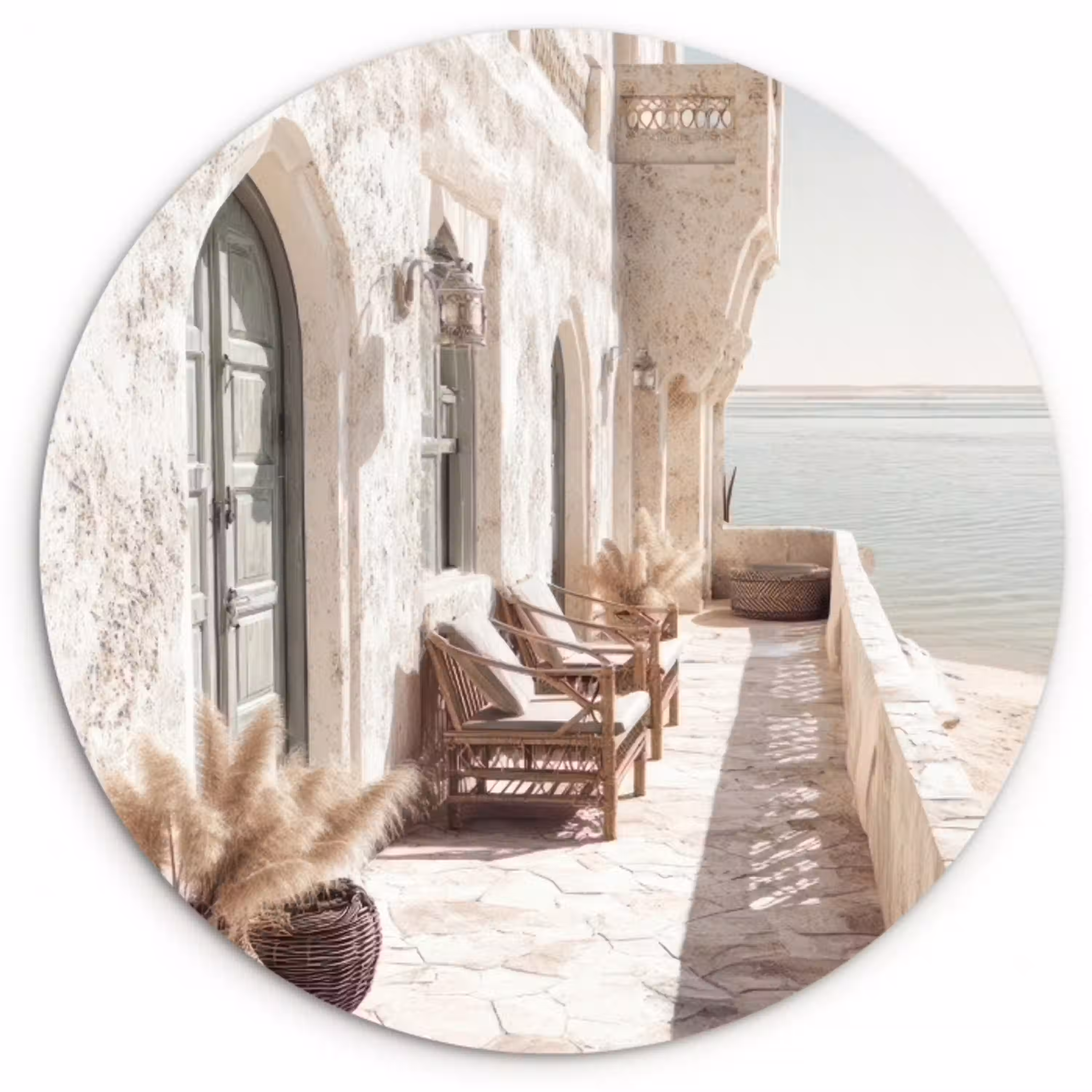 Terras - Stoelen - Strand - Beige Wandcirkel kunststof plaat 5mm dik klein -3d