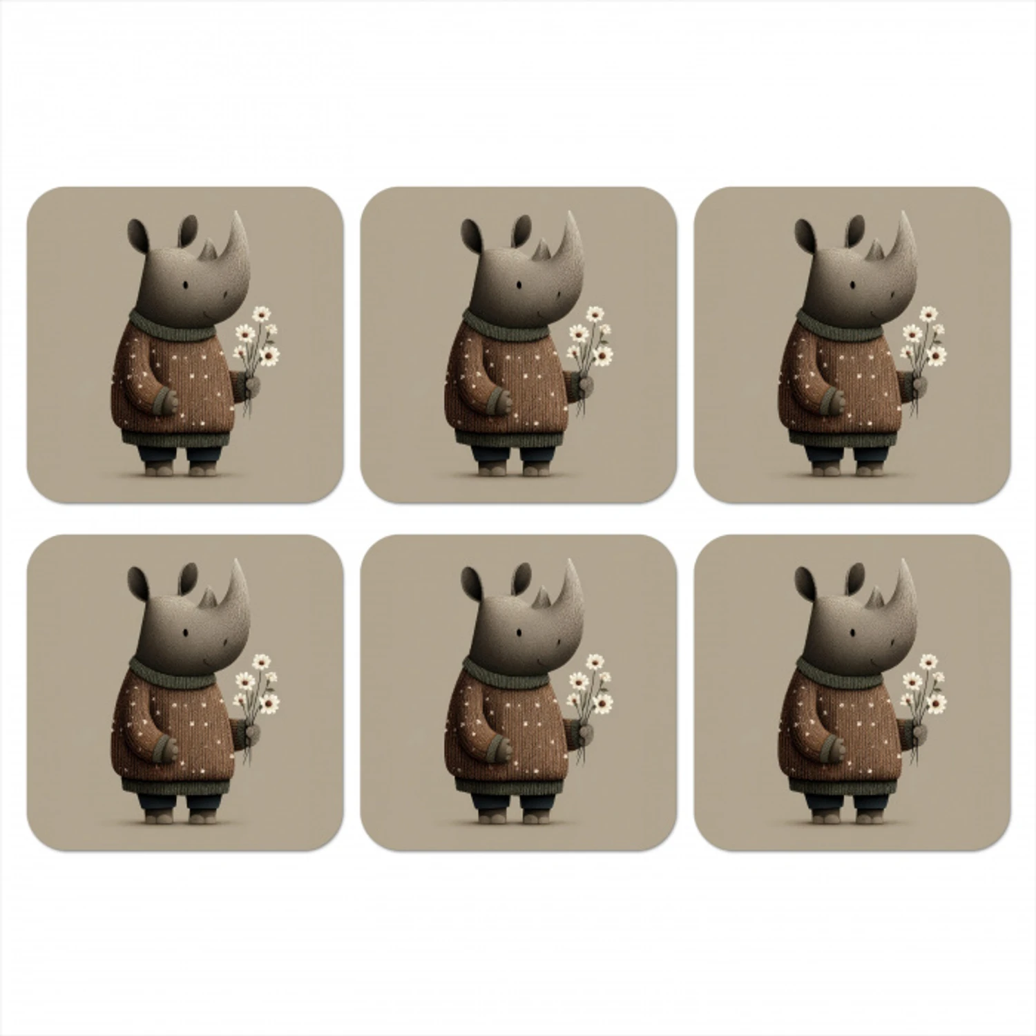 Neushoorn - Witte bloemen - Lief onderzetter kurk middel -3d