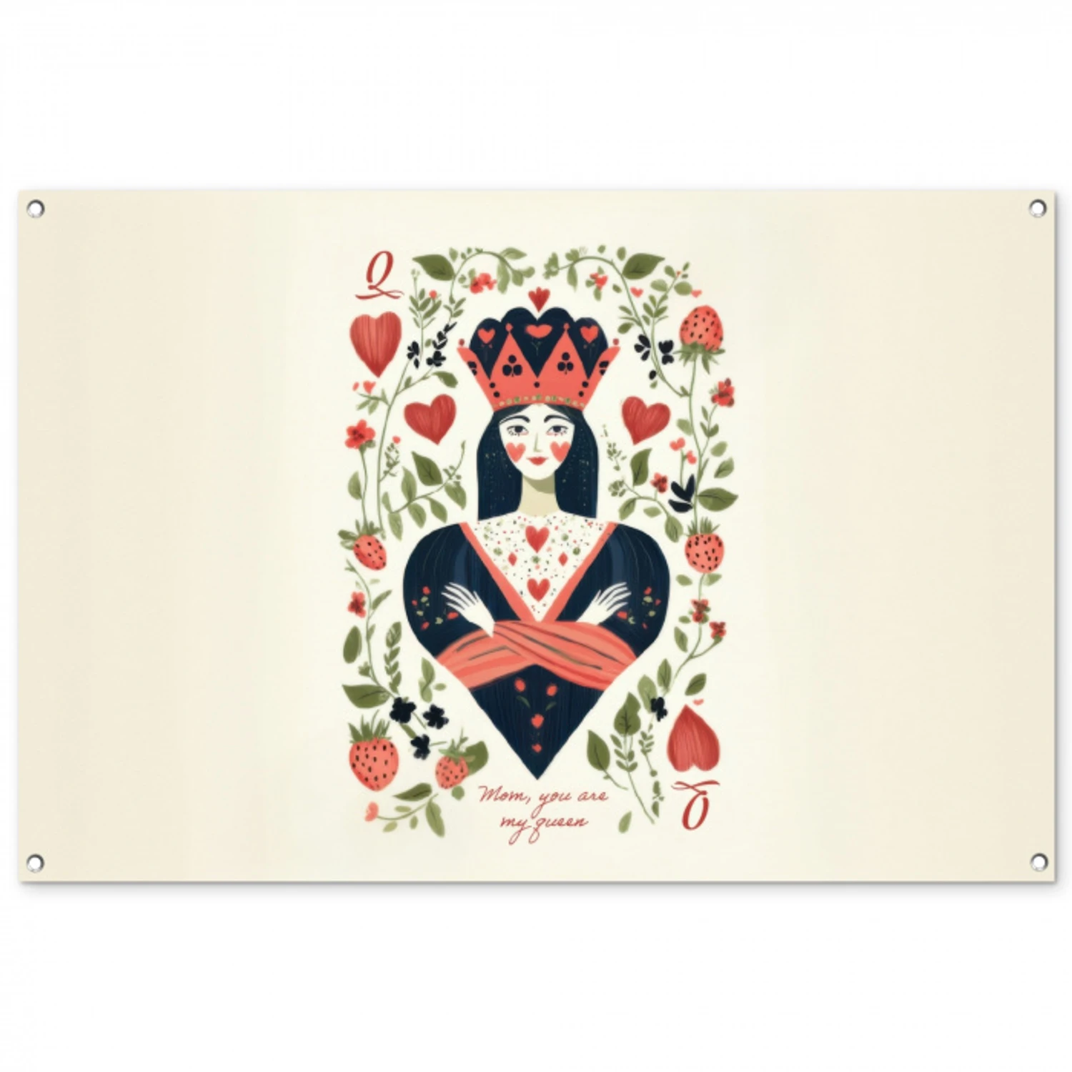 Speelkaart - Hartenkoningin - Bloemen - Hartjes tuinposter los doek groot -3d