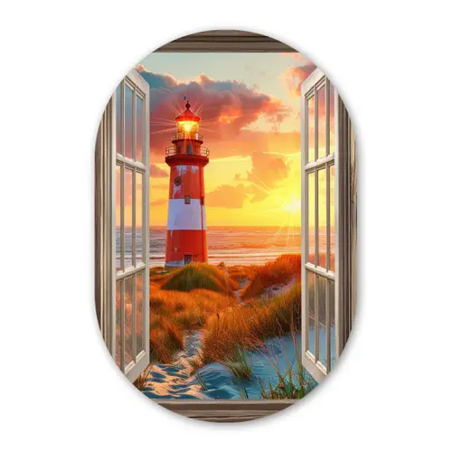 Doorkijk - Raam - Vuurtoren - Zonsondergang - Strand Wandcirkel Ovaal Glas middel -3d