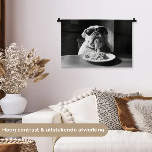 Hond - Bulldog - Pasta - Bril - Stoer - Dieren Wandkleed katoen klein -sfeer1