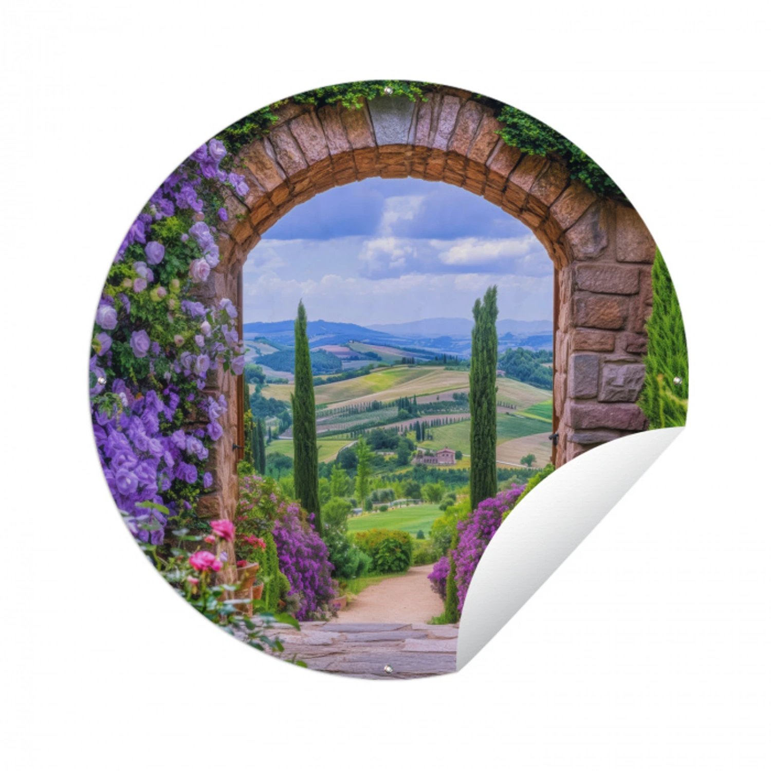 Doorkijk - Toscane - Landschap - Poort Wandcirkel tuinposter met ringen klein -3d