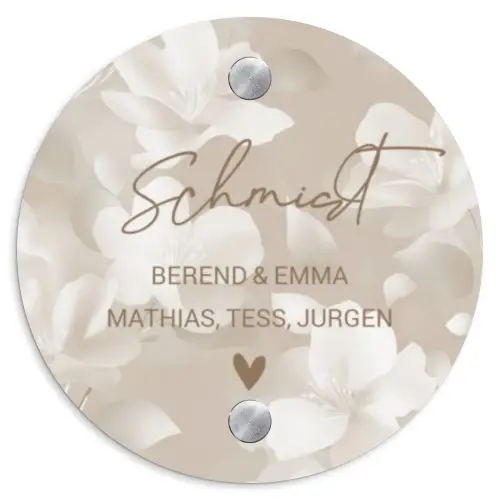 Beigefarbene Blumen - Elegant Naambord Rond klein -3d