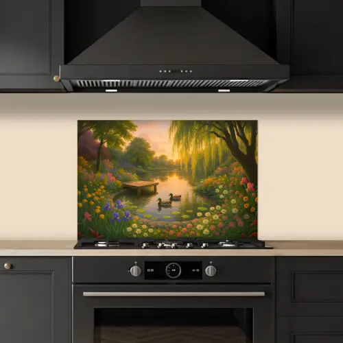 Eenden - Vijver - Bloemen keuken achterwand spatscherm klein -sfeer1