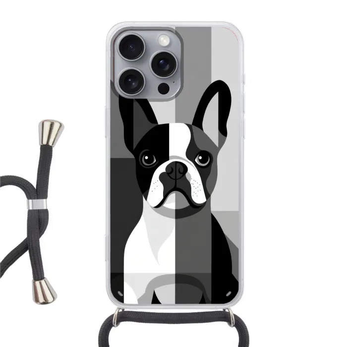 Buldog - Zwart - Abstract - Vlakken Hoesje iPhone 16 Pro Max met koord klein -3d