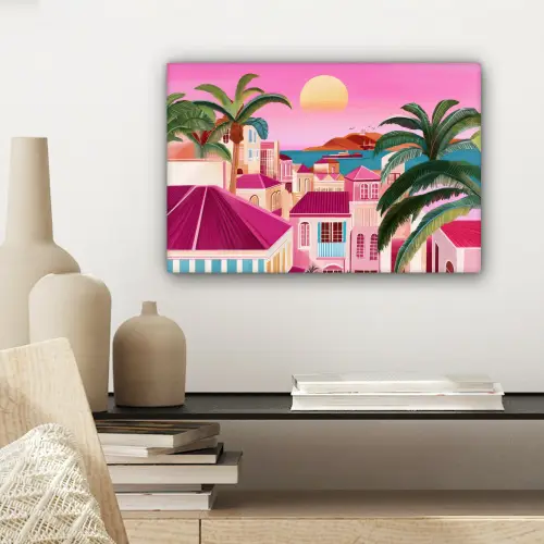 Stad - Roze - Palmbomen canvas 2cm klein -sfeer6