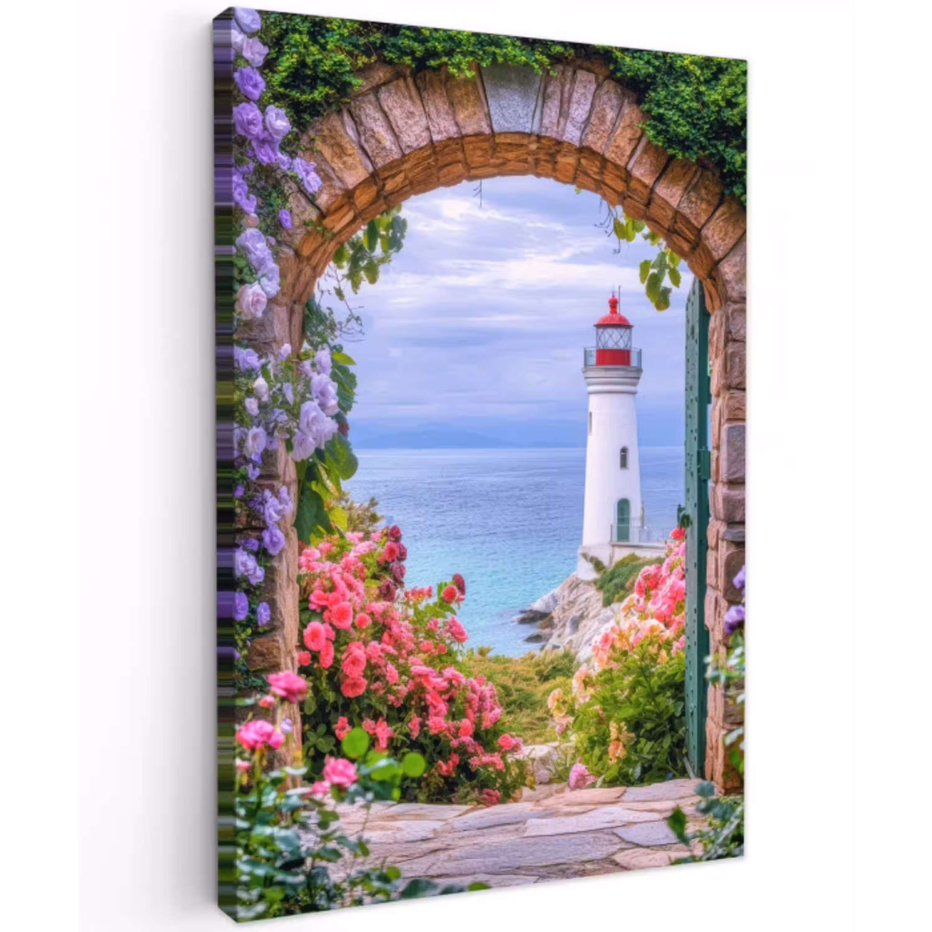 Doorkijk - Vuurtoren - Bloemen - Uitzicht Tuinposter op houten frame 2 cm dik klein -3d