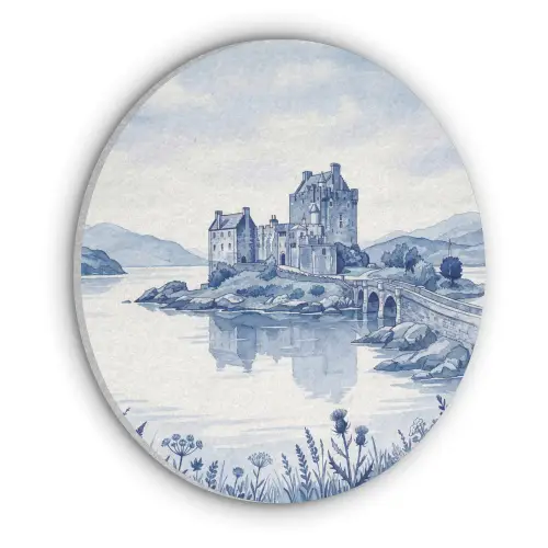 Schots - Kasteel - Blauw - Aquarel Akoestische PET Vilt - Rond klein -3d