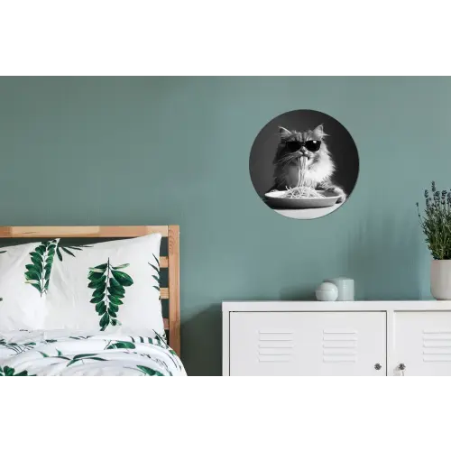 Langharige kat - Zonnebril - Spaghetti - Humor - Zwart - wit Wandcirkel aluminium klein -slaapkamer