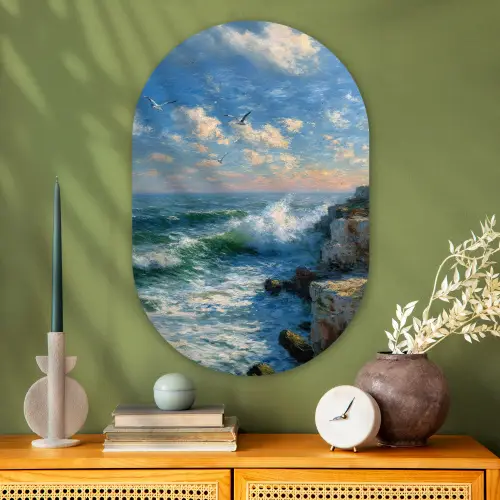 Zee - Golven - Rotsen - Meeuwen Wandcirkel Ovaal Glas middel -sfeer2