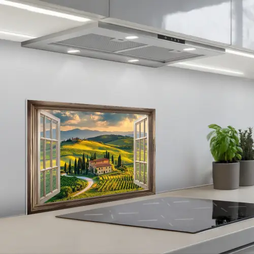 Doorkijk - Toscane - Uitzicht - Landschap - Zomer keuken achterwand spatscherm klein -3d_schuin