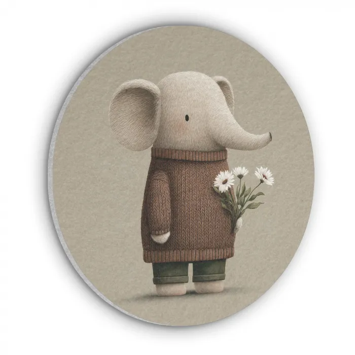 Olifant - Witte bloemen - Kindvriendelijk Akoestische PET Vilt - Rond klein -3d