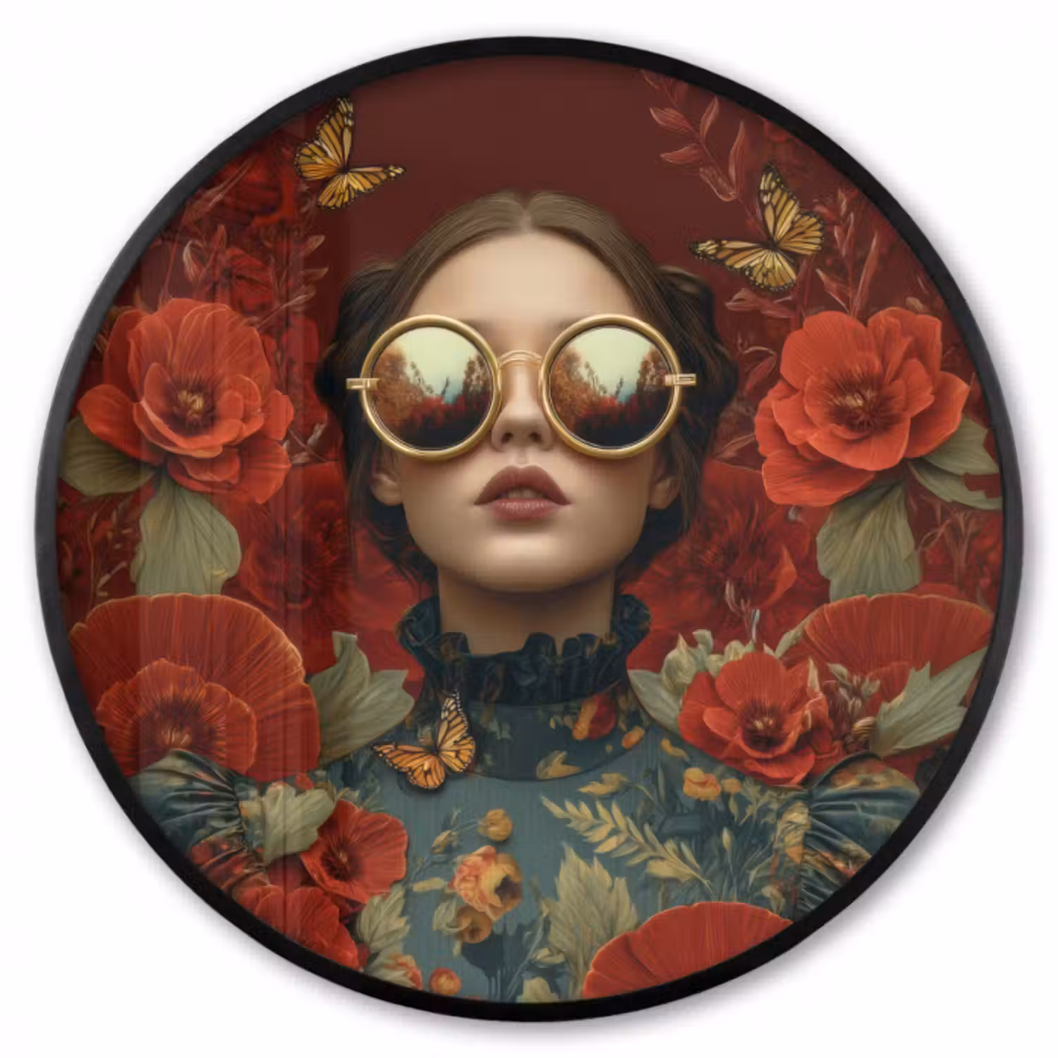 Poster im Rahmen Rund - Blumen - Tiefrot - Sonnenbrille - Frau